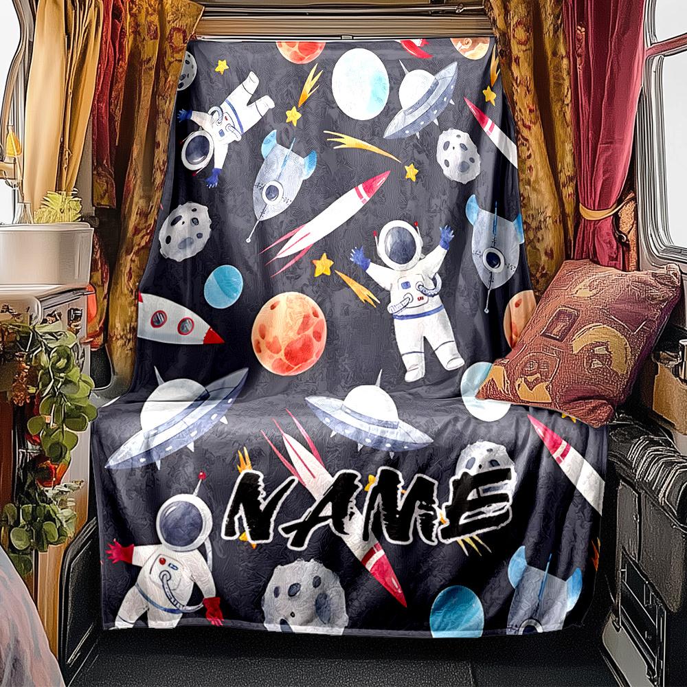 Space Adventure With Astronauts And Planets Blanketcustomizable With Your Namecomfortable And Stylish Perfect For Travel Beds Chairs Offices Sofas