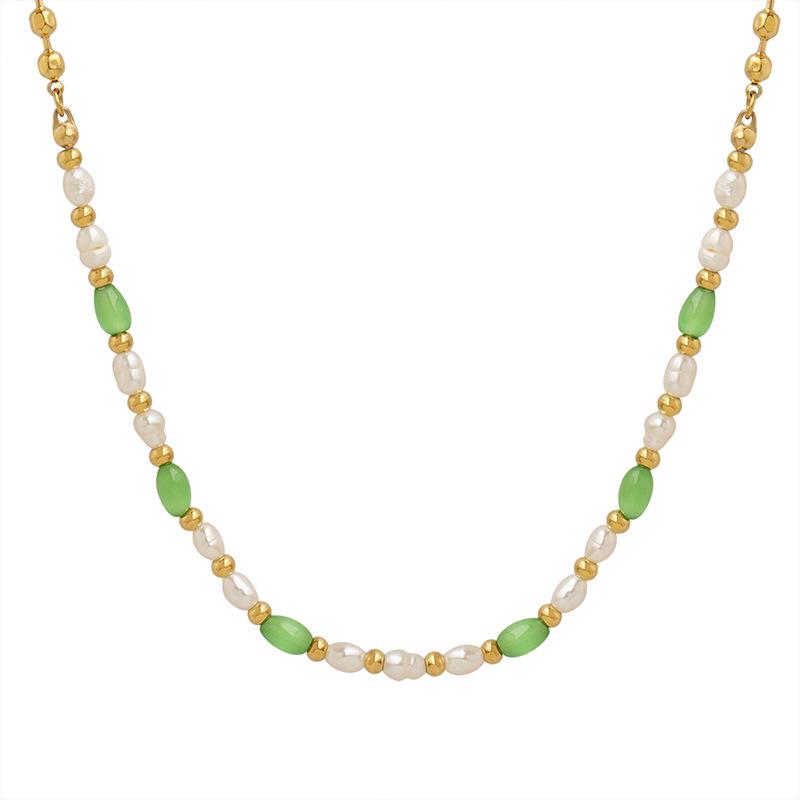 Trendy Thai Green Cat's Eye & Freshwater Pearl Beaded Necklace in Titanium Steel