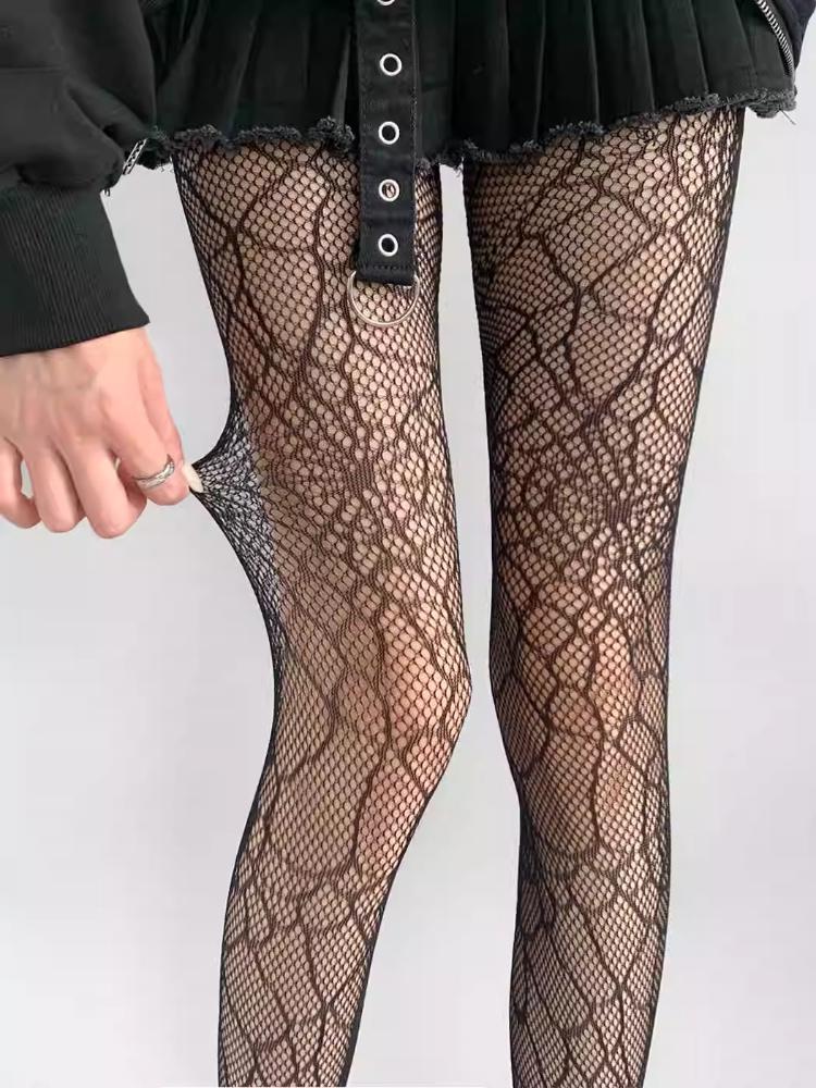Gothic Punk Style Spicy Girls Fishnet Stockings for Women's Summer Sexy Hollow Out Spider Web Tights Black Transparent Pantyhose