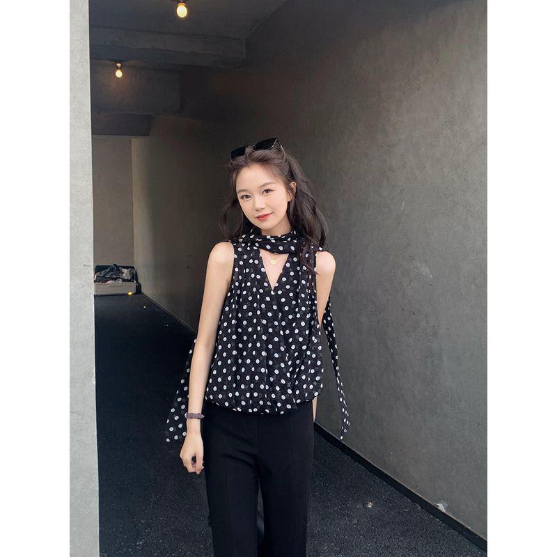 

Bigyu Retro Polka Dot Chiffon Shirt V Neck Fashion Commuting Elegant Ol Sleeveless Shirt Loose Tops Two-piece Set Two-piece set in the wave point(In stock) S