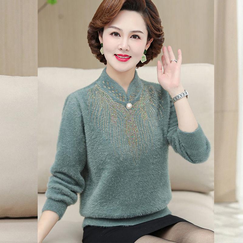 Осенние и зимние свитера для мам с утолщенным бархатом для женщин среднего и пожилого возраста, толстая зимняя рубашка из норкового бархата 5XL зелёный