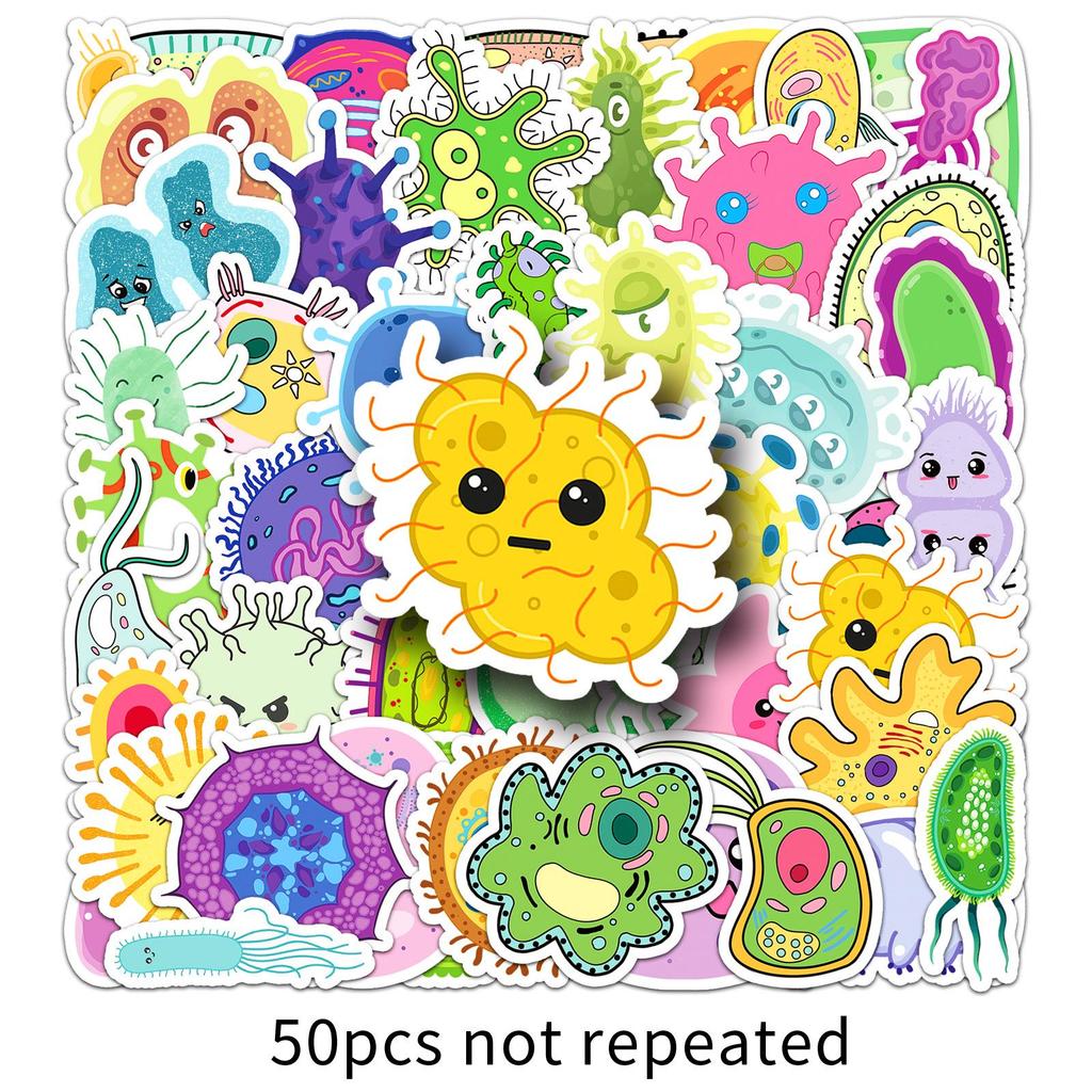 50 Microbial Graffiti Stickers: Cute Cartoon Decor for Journals, Water Bottles, and Phone Cases