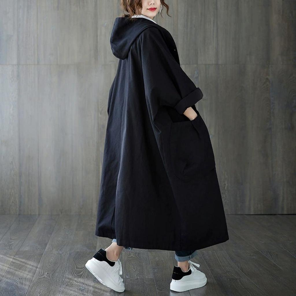 Spring Loose Over The Knee Long Big Pocket Windbreaker Jacket Women's Hooded Casual Windbreaker Jacket