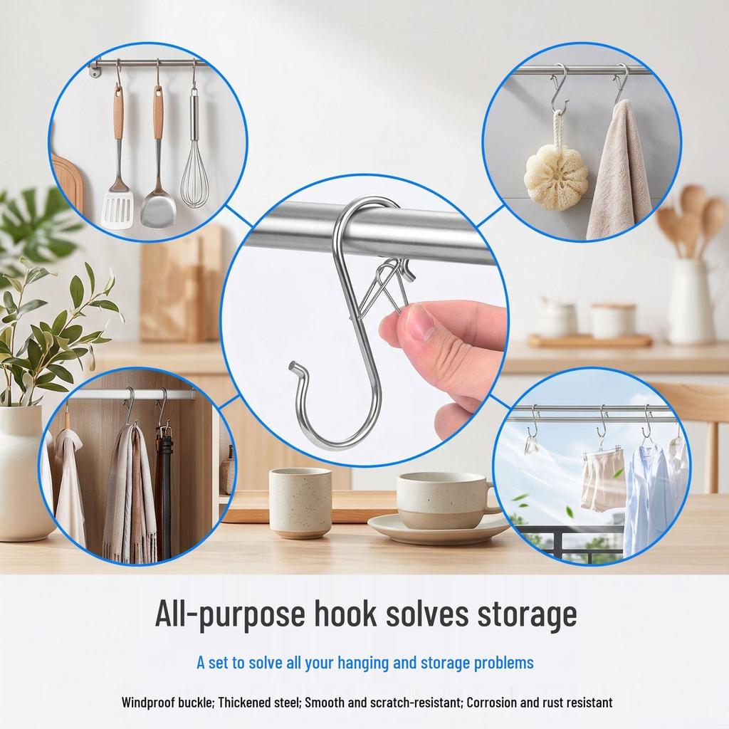 Windproof S-shaped Hook for Kitchen and Dorm: No-Punch Hanging Hook for Clothes and Cured Meat