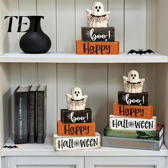Decorative Seasonal Gifts Halloween Ghost Decoration, Wooden Sign Tiered Tray Ornament, Farmhouse Flexible Layered Wood Blocks Tabletop Centerpiece