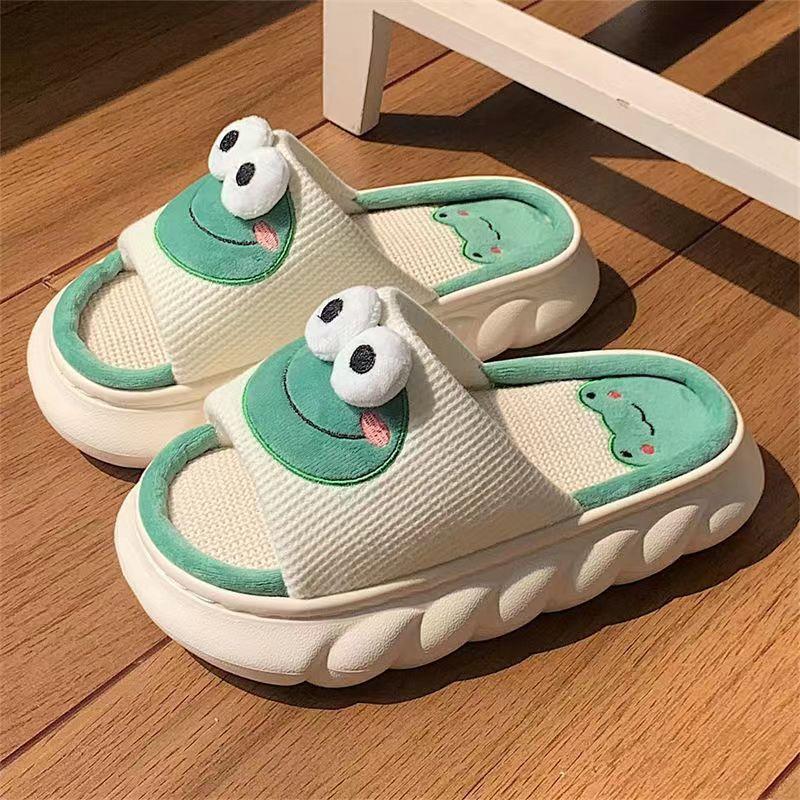 Linen Slippers Indoor Women Breathable Indoor Home Non-slip Cartoon Couple Four Seasons Slippers Men