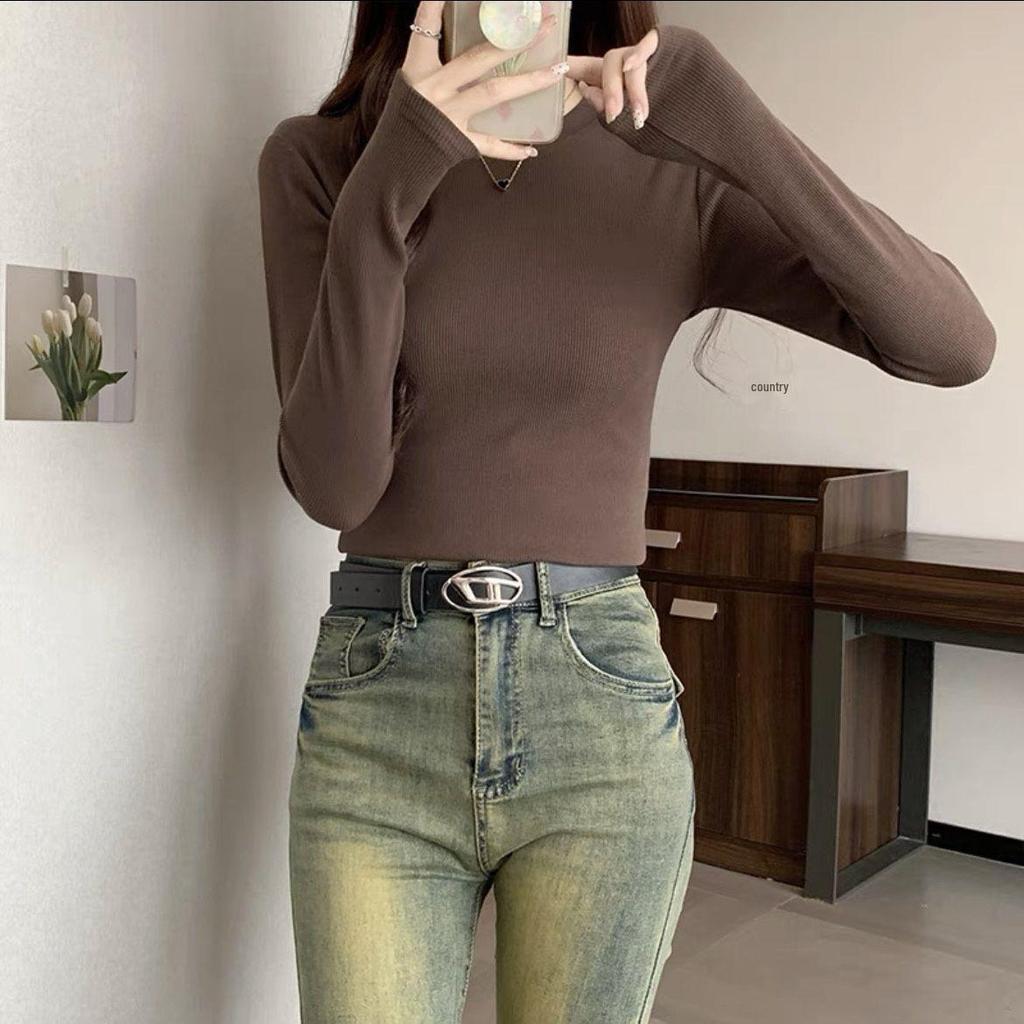 Burgundy Spicy Girl Long Sleeve Slimming T-Shirt for Women - Straight Shoulder, Autumn/Winter Style.