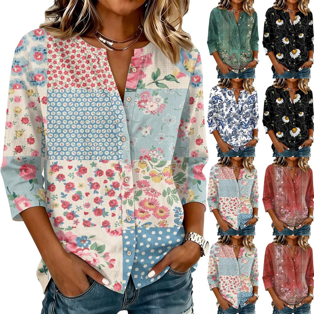 Vintage Floral Print Henley Button Neck 3/4 Sleeve Linen Cotton Blend Shirt for Women Casual Loose Fit Top