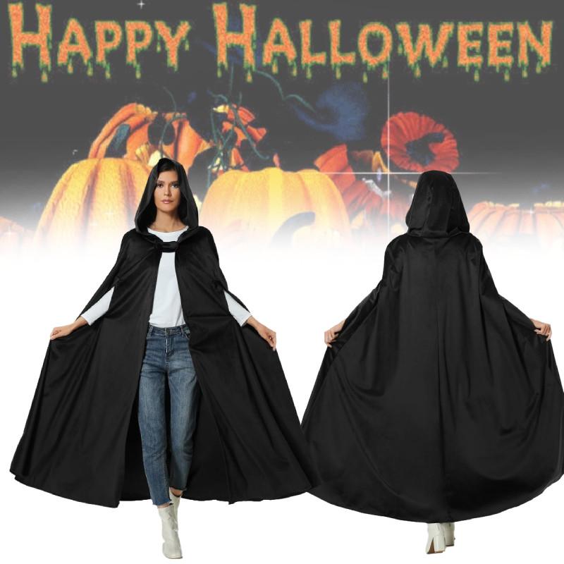 Halloween Long Hooded Cloak Cape Vampire Witch Black Spooky Fancy Unisex Outfit