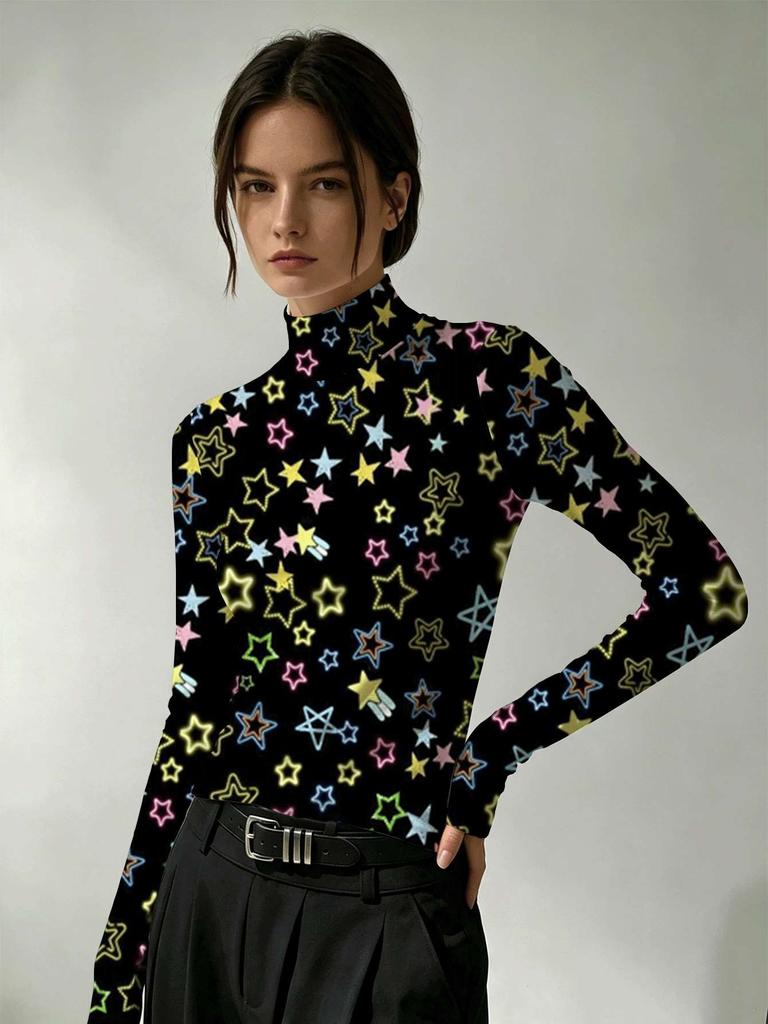 Neon Star Print Women's Turtleneck Long-sleeved Bottoming Shirt Punk Street Style Stretch Slim T-shirt Spring and Autumn Versatile Pullover