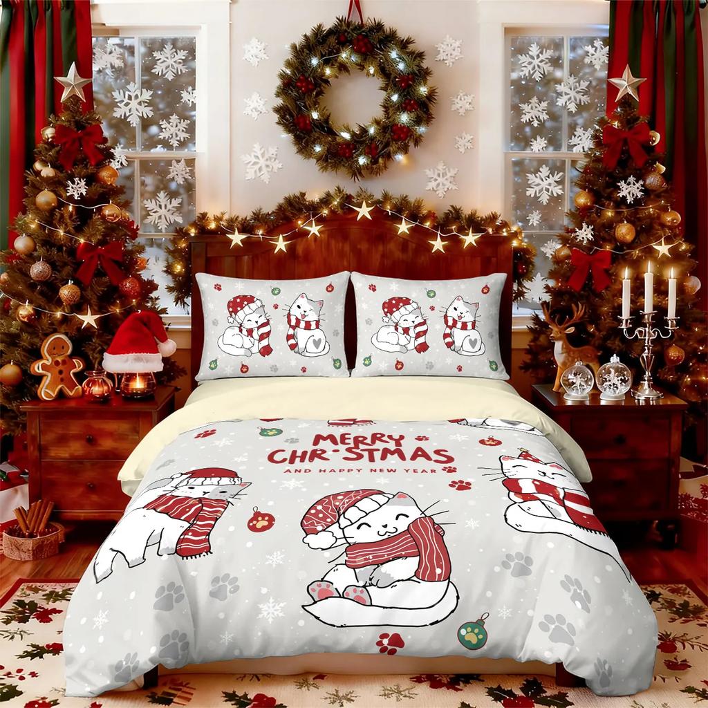 3Pcs Christmas Kitten Bedding Set 3D Printed Chipless Duvet Cover Set, Soft Dormitory Bedroom, Multiple Sizes Christmas Gift