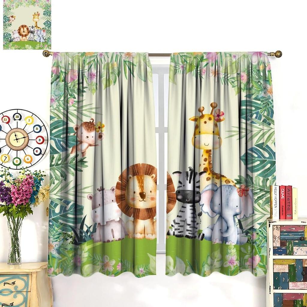 Tende con Animali Cartoni Animati Bambini Fauna Selvatica Fiori Tropicali Foglie di Palma Tende per Finestre per Bambini Bambine Stanza dei Bambini Aula