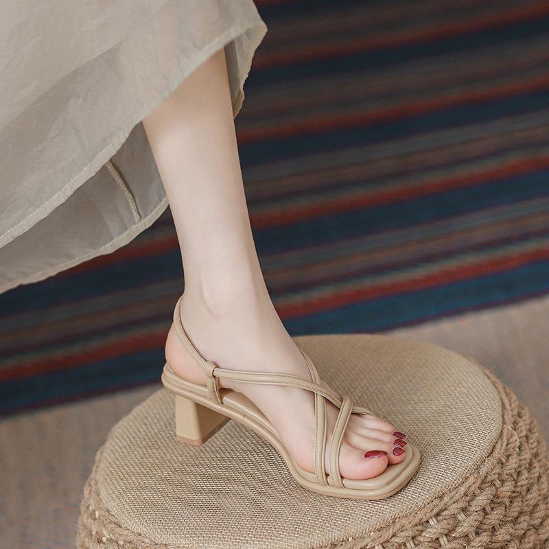 Fashion  designer narrow band women sandals thick high heels gladiator sandalias mujer soft leather zapatos de tacón mujer 2025