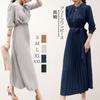 Belted Pleated Long Long High Elegant and Party Sizes [SHARE ITEMS] Dress, Sleeves, Skirt, Waist, Elegant, Women's Fall/Winter Dress, S-2XL (S, Gray)