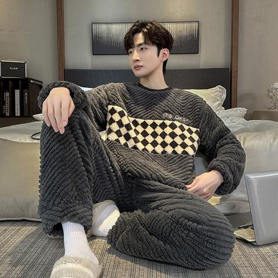 Autumn and Winter Coral Fleece Pajamas for Men's Thickened and Velvet Warm Youth Large Flannel Winter Home Fur Set