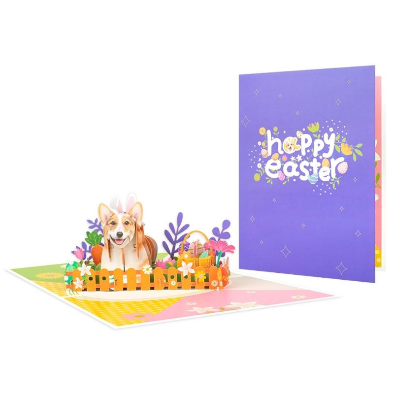 3D Easter Corgi Dog Greeting Card Set Spring Season Invitation Card for Festival New Year Holiday Party Message Card