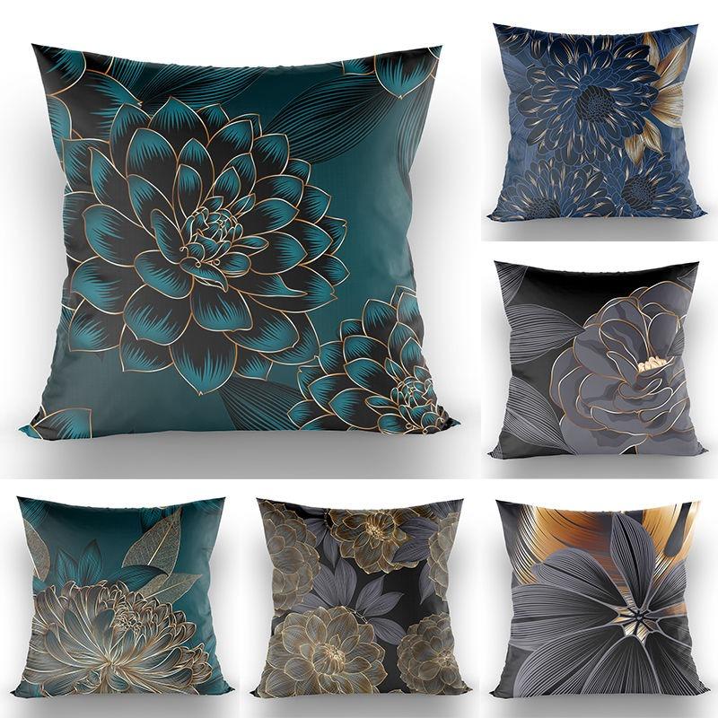 Chinese-Style High-End Modern Throw Pillow Cover, Black With Gold Foil Floral And Lotus Design, Suitable For Living Room Sofa