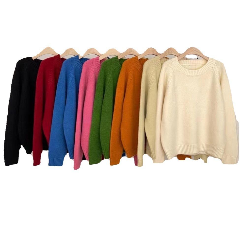 Chic Inner Loose and Thin Knitted Top Outer Wear Autumn and Winter Round Neck Leather Label Candy Color Pullover Sweater Women
