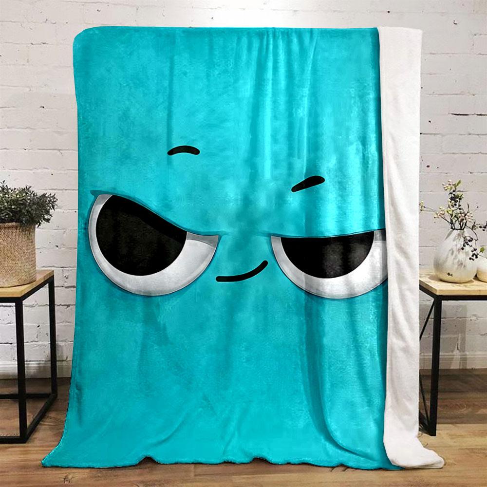 Expression with raised eyebrows, tilted black eyes, and a sly smirk. for all seasons blanket lunch break throw gift