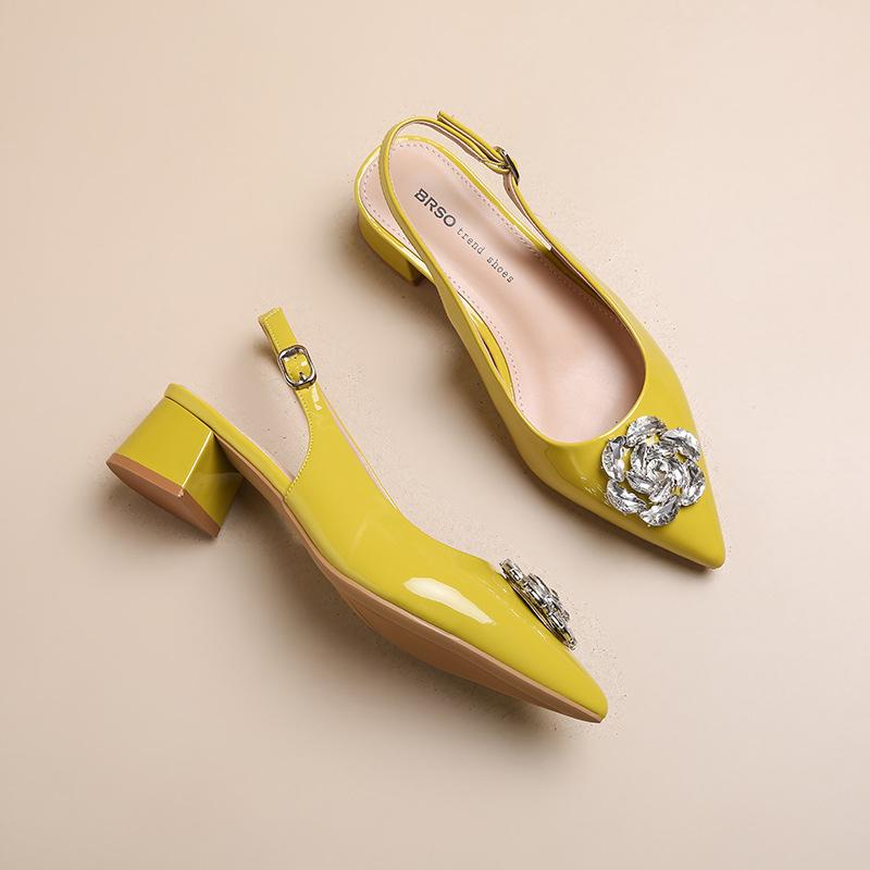 Rhinestone Bag Head Sandals Women's Summer One-pedal Pointed Fashion Shoes Flower Temperament Heels OL Women's Shoes Tide