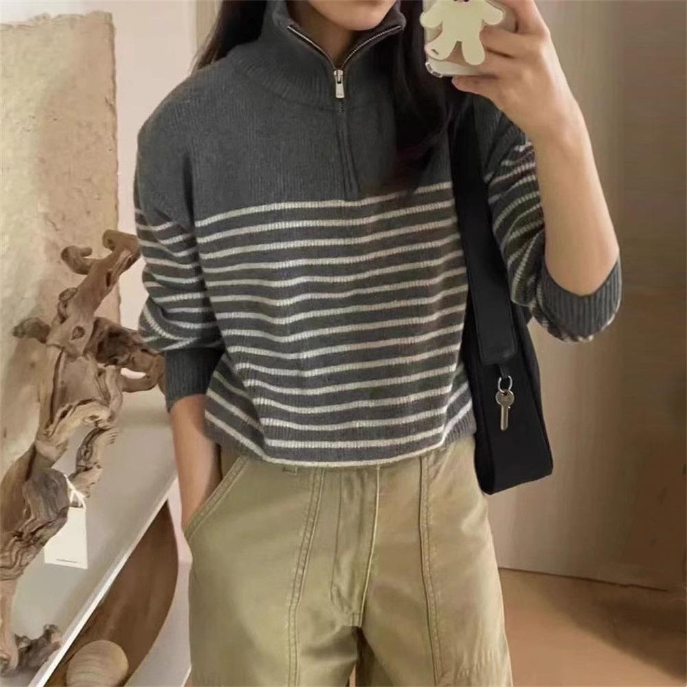 Women's French Retro Striped Half-Zip Knit Sweater - High Neck, Loose Fit for Autumn/Winter