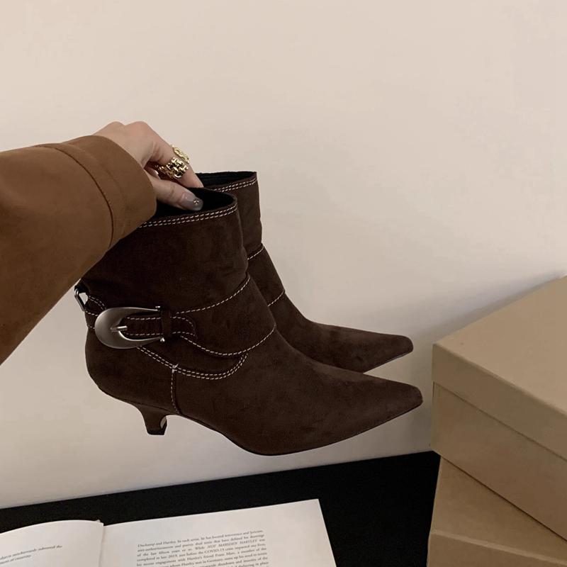 Winter New Brand Women Short Boots Fashion Buckle Slip On Pointed Toe Ankle Boots Thin Low Heel Dress Pumps