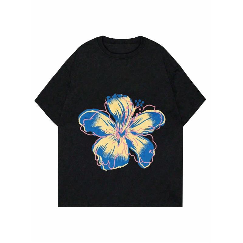 Women's Loose Fit T-Shirt Black Color Hibiscus Flower Print Casual Summer Wear