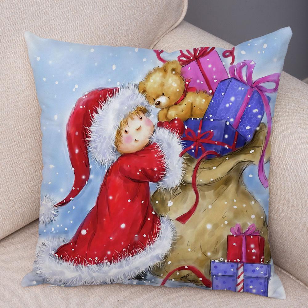 Merry Christmas Cute Cartoon Santa Claus Snowman Print Cushion Cover for Home Living Room Sofa Decoration Pillow Cover