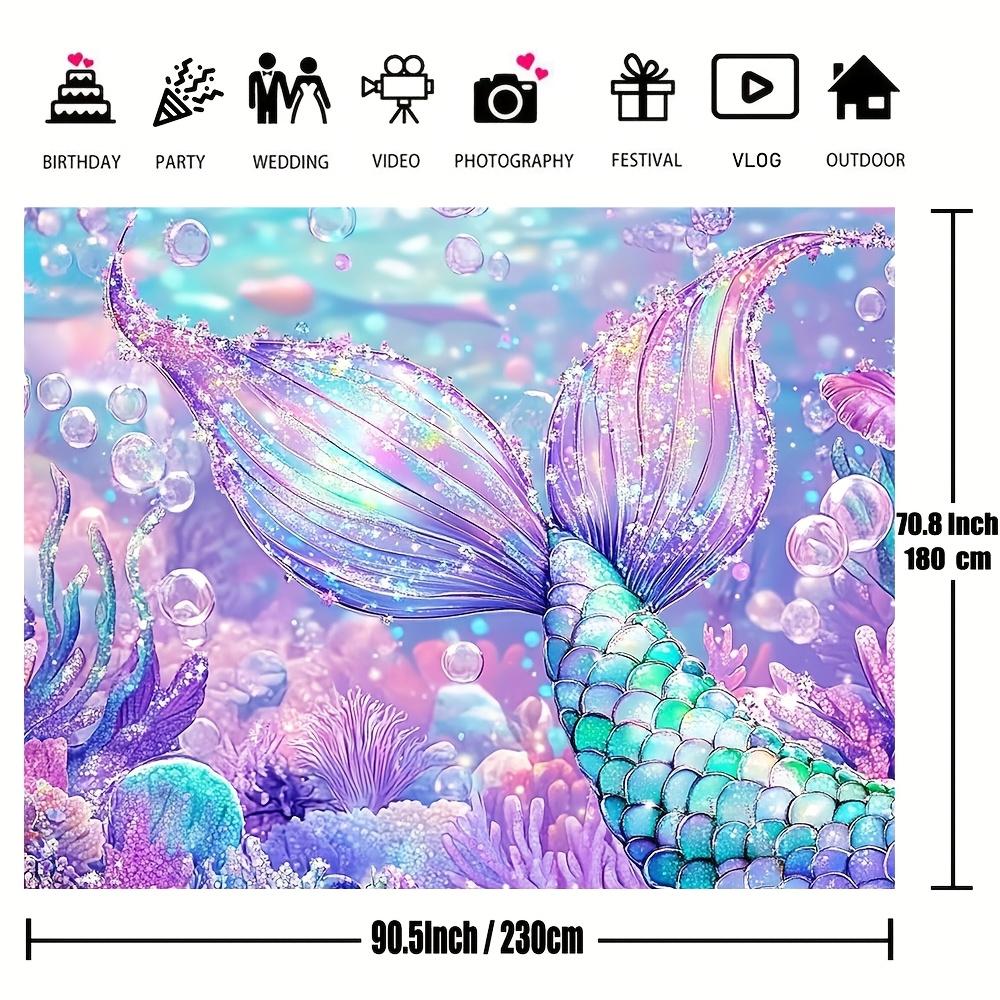 2D Flat, 1pc, Underwater Mermaid Birthday Backdrop, Purple Coral and Pearl Glitter Scales for Party Decorations Background