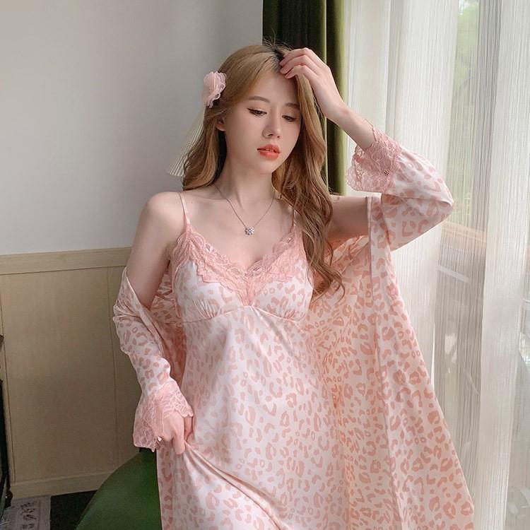 Pink leopard print sexy pajamas women's summer ice silk suspender nightgown nightgown with chest pad loungewear set can be worn outside