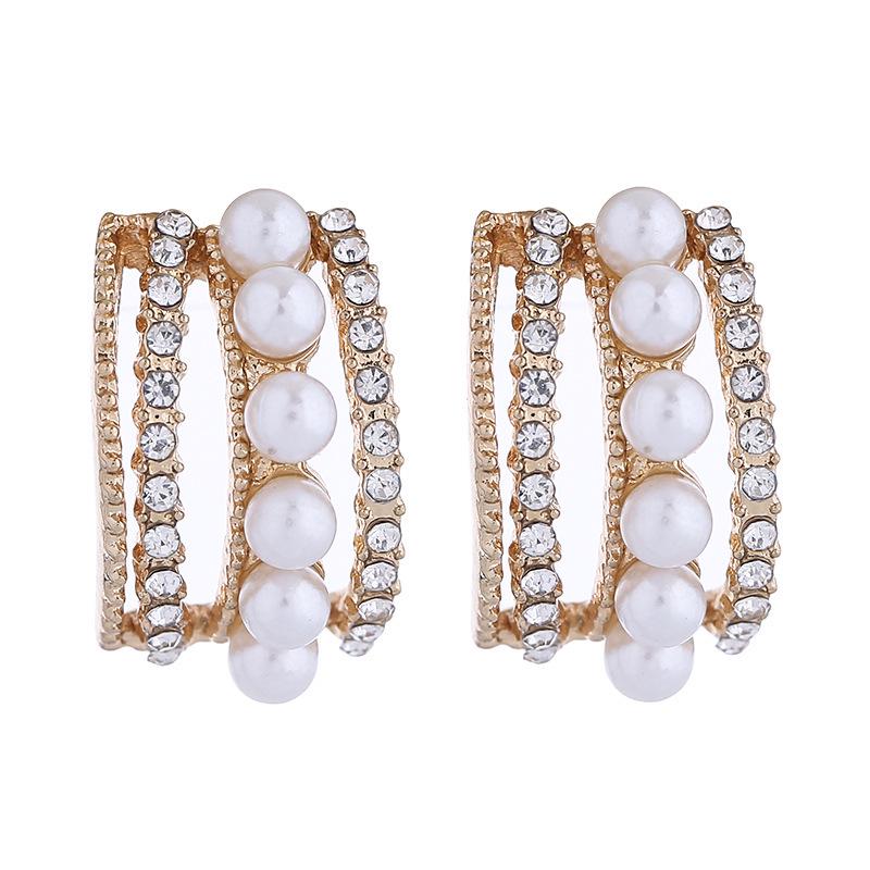 Trendy C-Shaped Faux Pearl and Diamond Stud Earrings