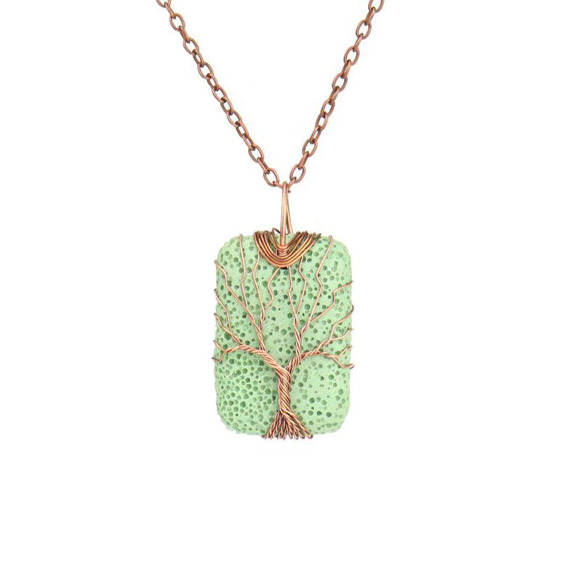 Hand-Wound Rectangular Volcanic Stone Tree Of Life Pendant Necklace, Couple Necklace N525