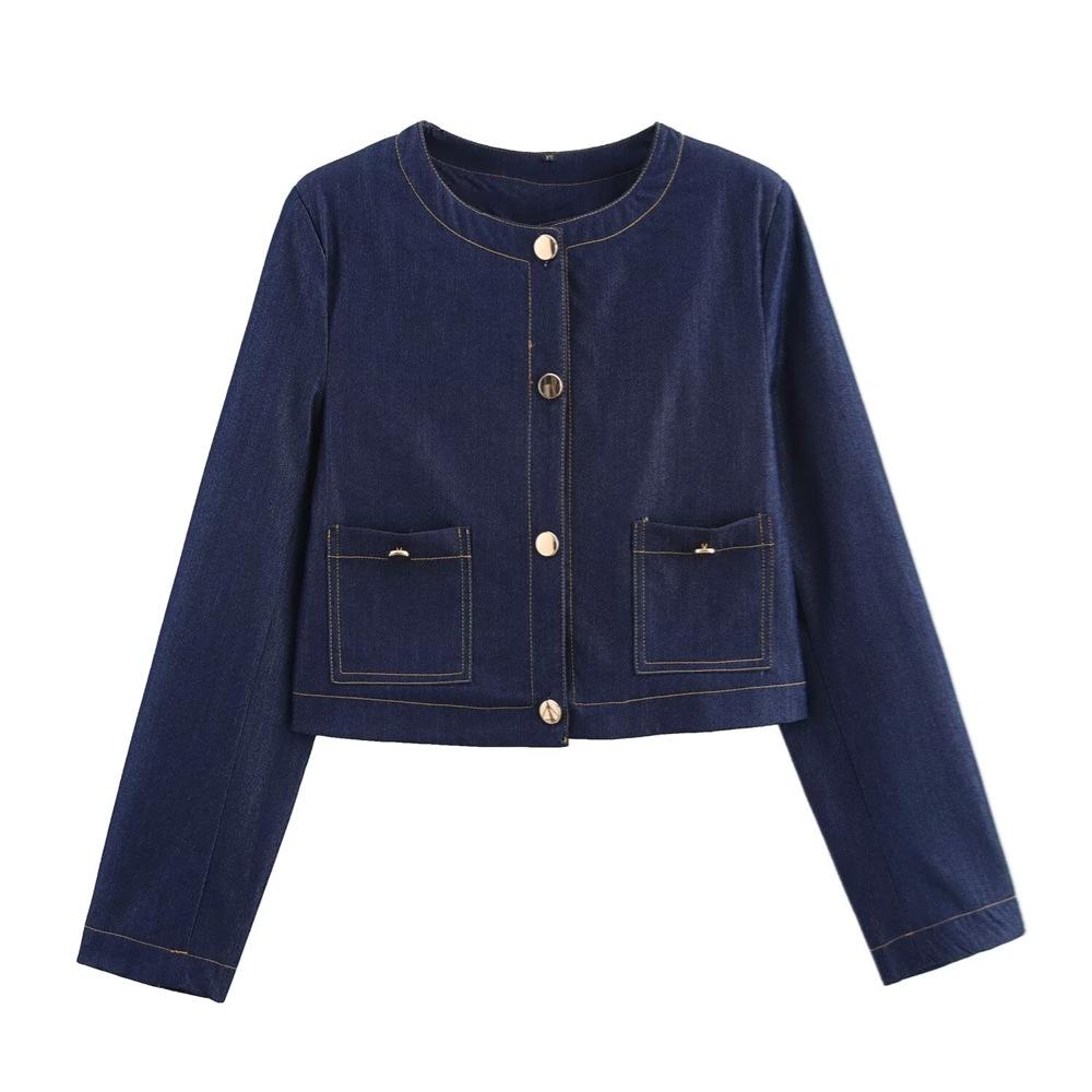2025 Spring Women's Slim-Fit Color-Block Denim Jacket and Wide-Leg Pants Set