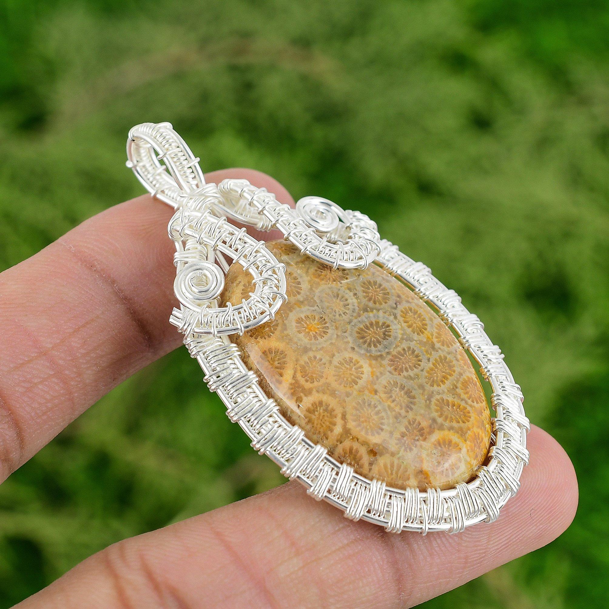 

Fossil Coral Gemstone Wire Wrapping Elegant Bezel Pendant 925 Sterling Silver