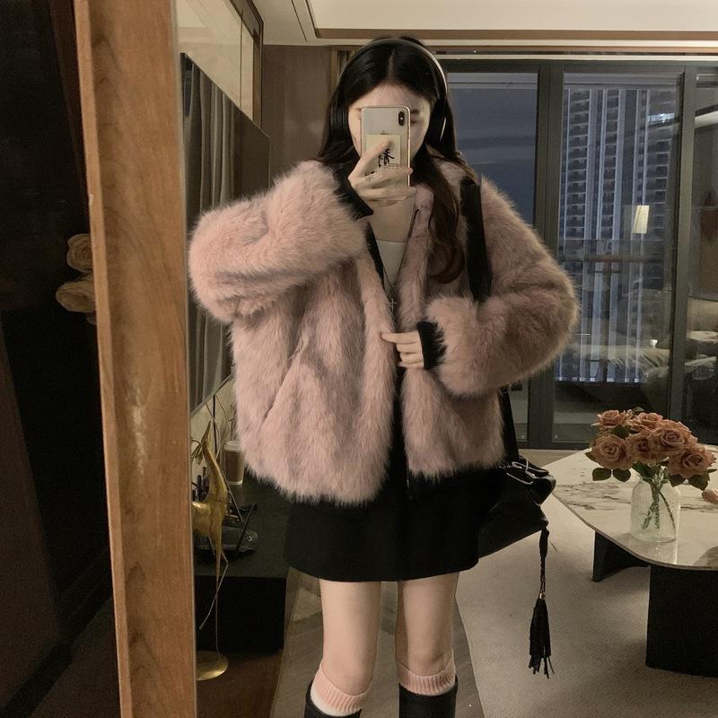 Winter American retro fur collar splicing hooded cotton jacket women's loose casual jacket top tide