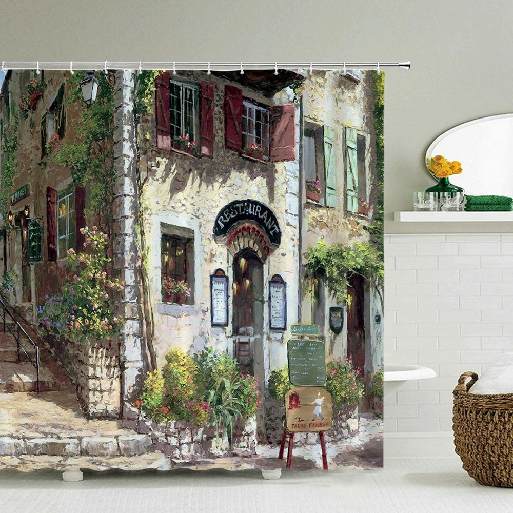 Town Street Scenery Shower Curtains Home Decor Polyester Fabric Bathroom Shower Curtains Oil Painting Waterproof Bath Curtains