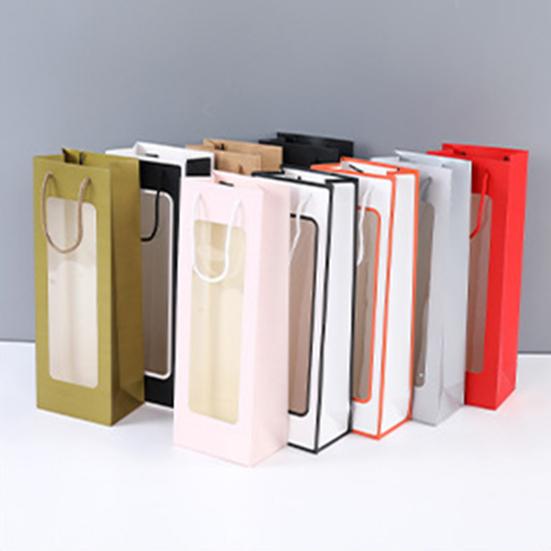 Kraft Paper Bag Decorative Oblong Shape Detachable Carry Cord Portable Pack Red Wine Contrast Color Translucent Visible Gift Bag for Champagne