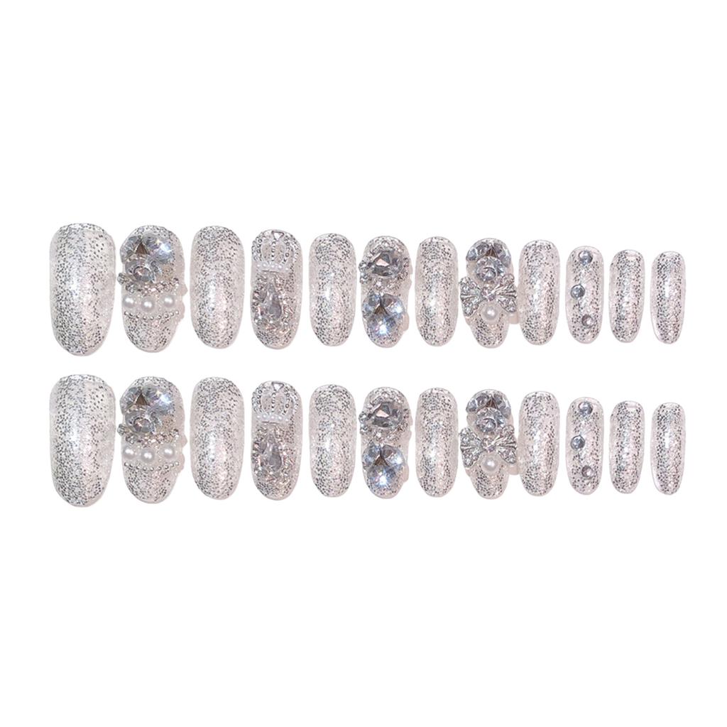 U36 24pcs Full Rhinestones Bridal Press-on Nail Long Lasting Full Coverage Pearl Fake Nail Matching with Bracelet and Necklaces