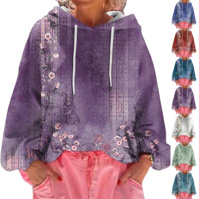 Moletom Feminino Casual Solto de Manga Comprida com Capuz e Estampa Floral