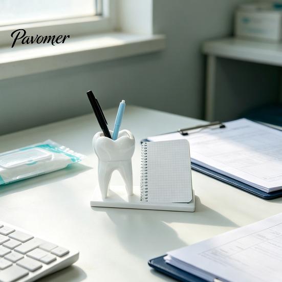 Dentist Office Supplies 3D Printed Tooth Pen Holder with Business Card Holder, 2 in 1 Desk Organizer Teeth Shape Organizer, Desktop Decor, Creative