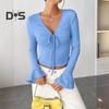 Women Tops V-neck Flared Long Sleeve Lace-up Pullover Tops Slim Fit Solid Color Casual Tops Versatile Daily Wear