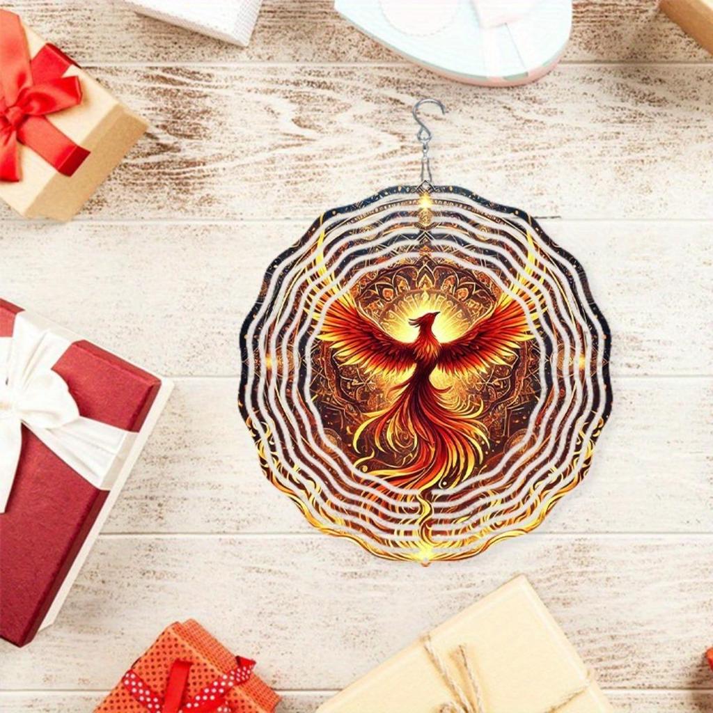 Phoenix Wind Chime Outdoor Indoor Decor Golden Red Feather Design Metal Hanging Ornament for Halloween Christmas Thanksgiving Holiday