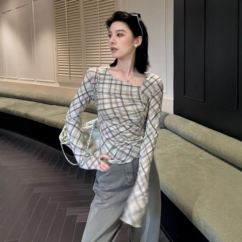 

Французский стиль Клетчатая сетчатая футболка с длинным рукавом Женская летняя тонкая приталенная Дизайнерская нишевая Защита от солнца Накидка Высококлассный топ 2XL