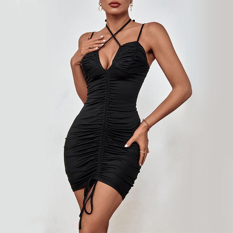 

New thin waist black hip skirt suspender solid color pleated dress S чёрный