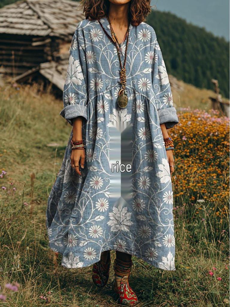 Retro Böhmisches V-Ausschnitt Ethnisches Stil Kleid - Europäischer & Amerikanischer Lässiger Lockerer Schnitt