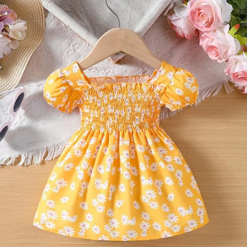 

Детское платье для девочек с принтом ромашек и короткими рукавами. Платье для малышей-принцесс. 9-12M