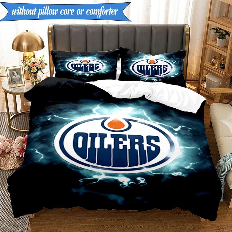 3PCS Edmonton Oilers Emblem Bedding Set,Including 1pc Duvet Cover And 2pcs Pillowcases Perfect for Bedroom, Dormitory, Fan Christmas Gift