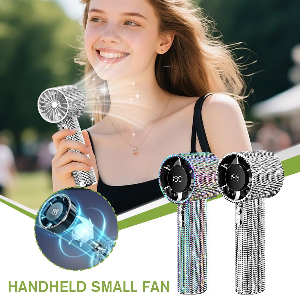Full Diamond Luxury Craftsmanship Portable Handheld Turbo Fan 3 Gear Wind Long Battery Life With Digital Display