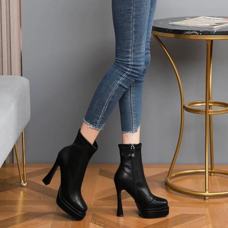 Fashion 2025Shoes for Women Round Toe  Sole Platform Chunky Heels Women Boots Solid Color Zipper Fashion Western Concise Sexy Shoes
