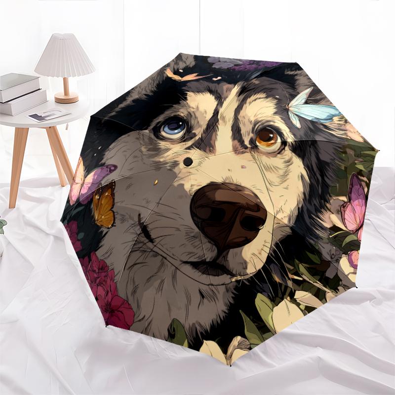 Husky pattern, automatic folding umbrella, portable and foldable design, 8 ribs, a Christmas or birthday gift.